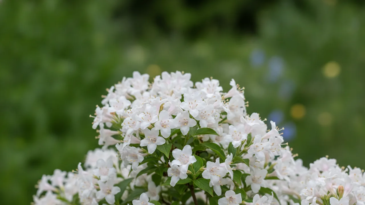 White Weigela (Weigela florida 'Alba') - white flowers, illustrated plant card