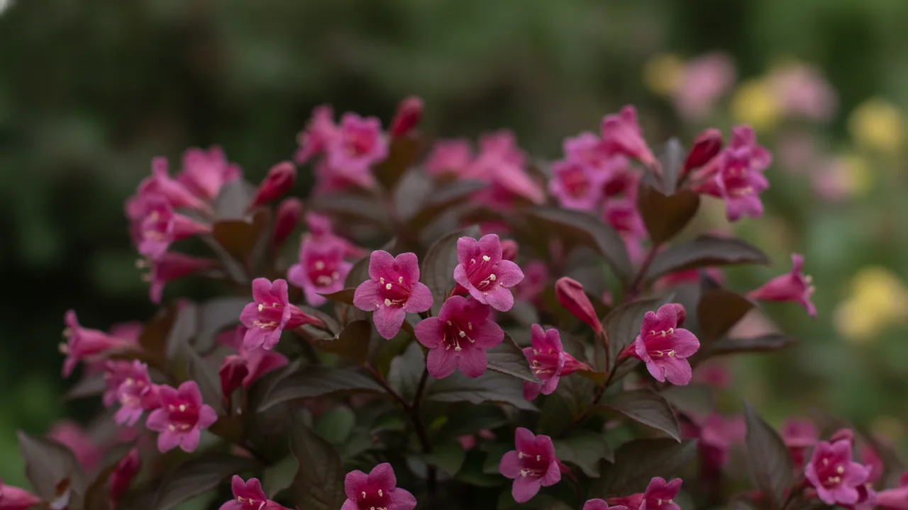 Wine & Roses (Weigela florida 'Wine & Roses') - pink flowers, illustrated plant card