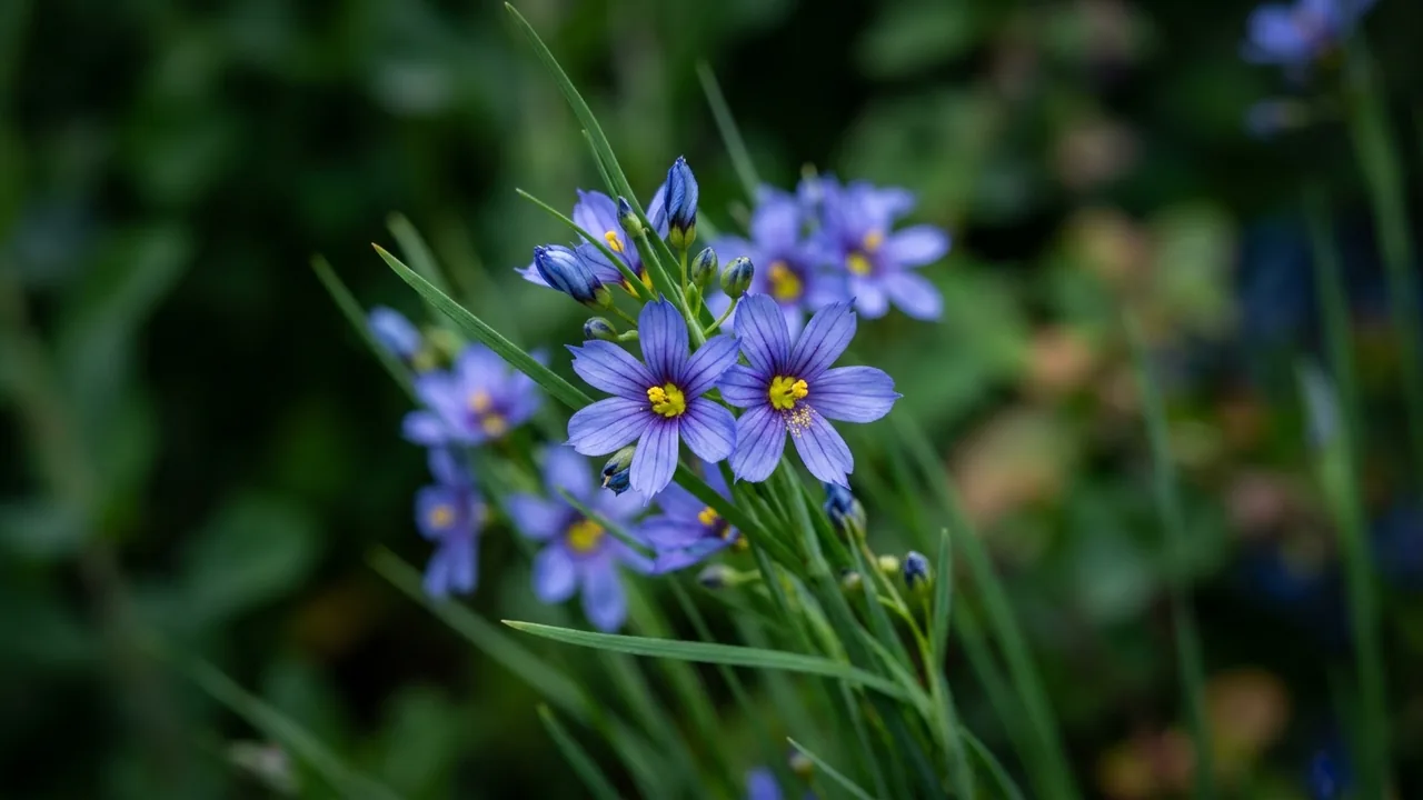 Western Blue-Eyed Grass (Sisyrinchium bellum) - blue flowers, illustrated plant card