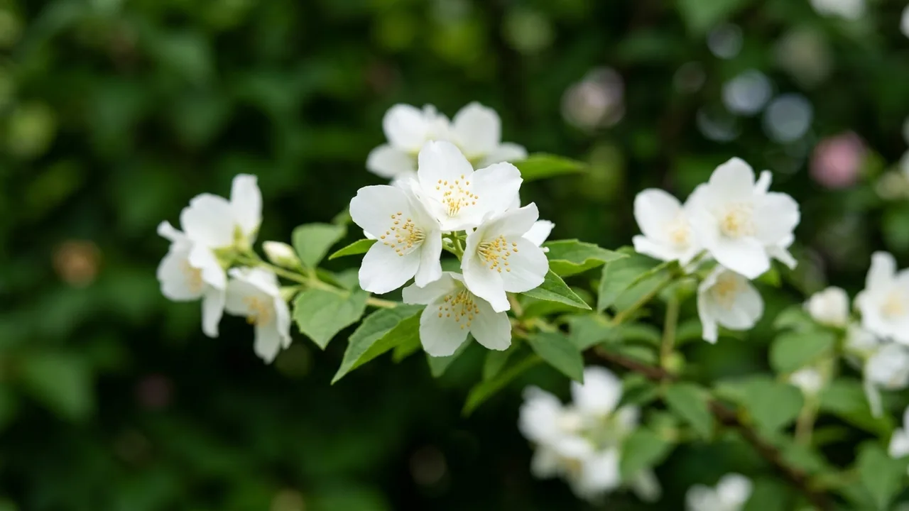 Western Mock Orange (Philadelphus lewisii) - white flowers, illustrated plant card