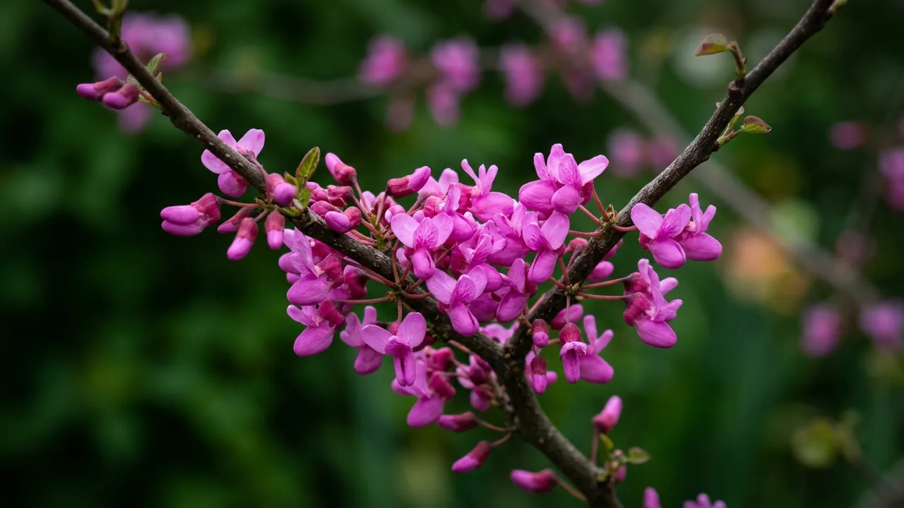 Western Redbud (Cercis occidentalis) - pink flowers, illustrated plant card