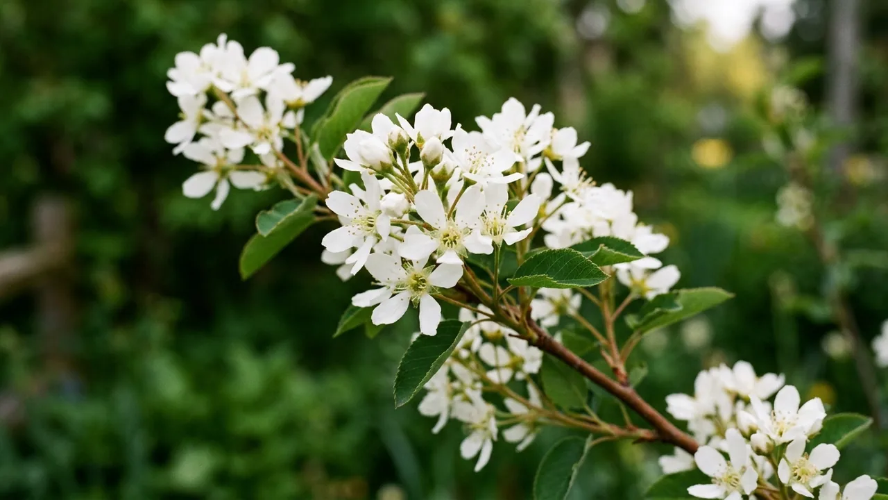 Western Serviceberry (Amelanchier alnifolia) - white flowers, illustrated plant card