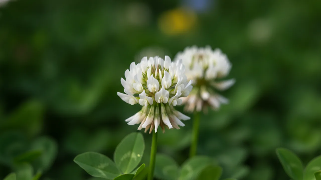 White Clover (Trifolium repens) - white flowers, illustrated plant card