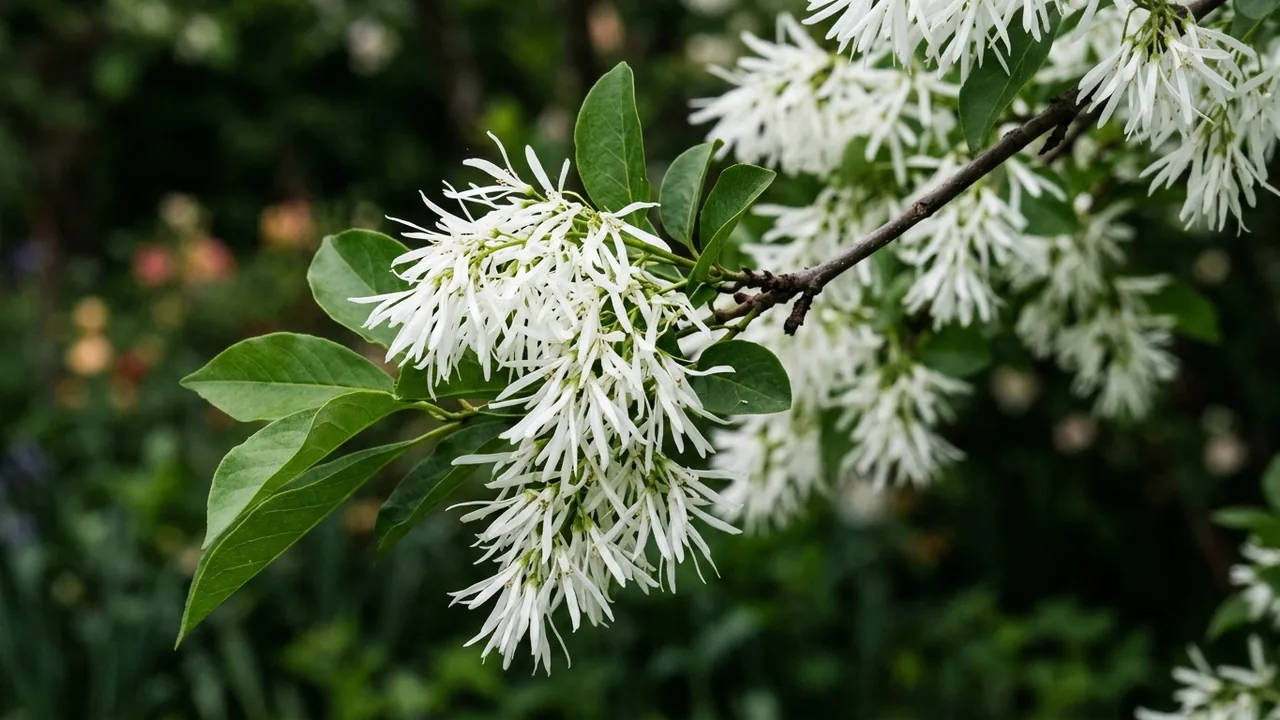 White Fringetree (Chionanthus virginicus) - white flowers, illustrated plant card