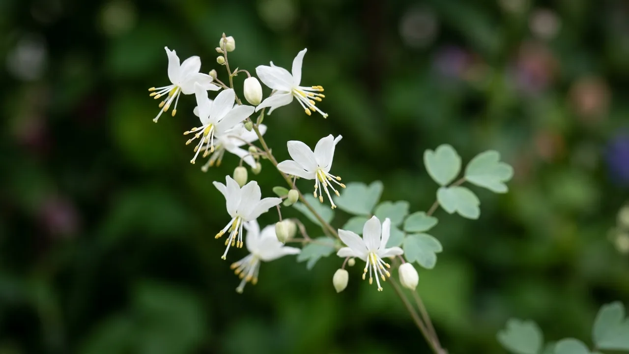 White Inside-Out Flower (Vancouveria hexandra) - white flowers, illustrated plant card