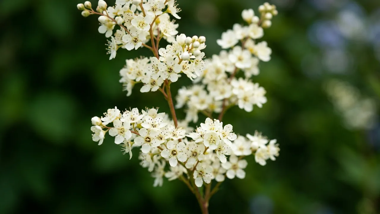 White Meadowsweet (Spiraea alba var. latifolia) - white flowers, illustrated plant card