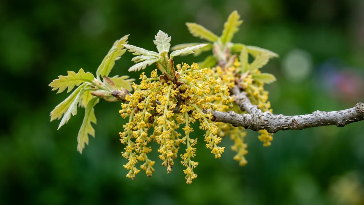 White Oak (Quercus alba) - yellow flowers, illustrated plant card
