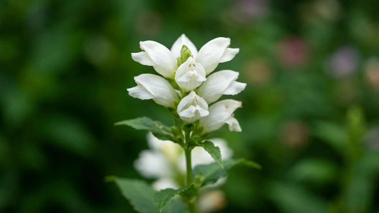 White Turtlehead (Chelone glabra) - white flowers, illustrated plant card