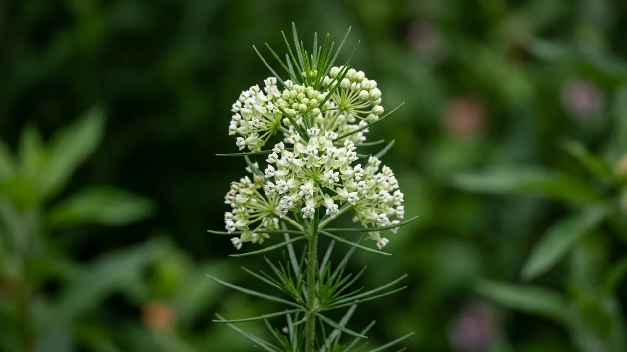 Whorled Milkweed (Asclepias verticillata) - white flowers, illustrated plant card