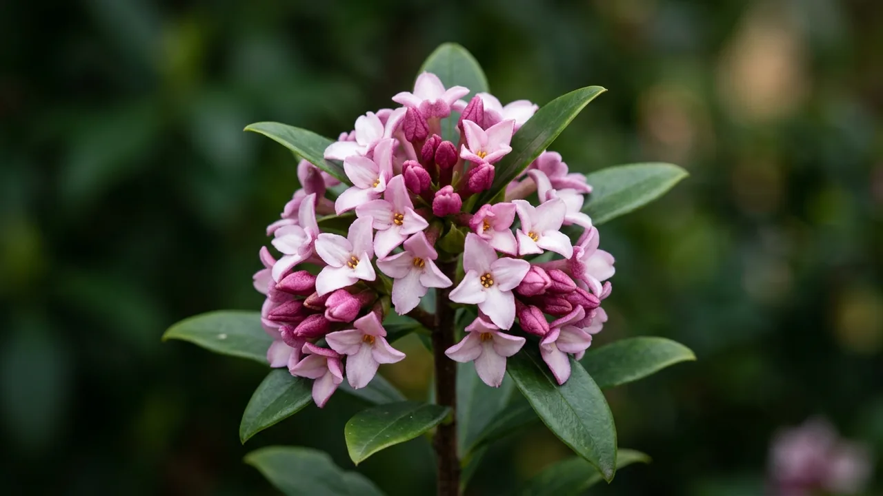 Winter Daphne (Daphne odora) - pink flowers, illustrated plant card