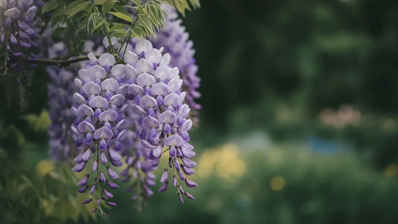 Amethyst Falls Wisteria (Wisteria frutescens 'Amethyst Falls') - purple flowers, illustrated plant card