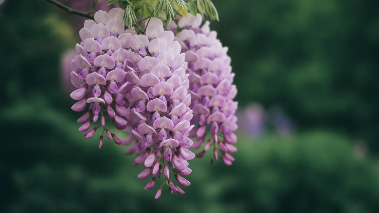 Pink Wisteria (Rosea) (Wisteria floribunda 'Rosea') - pink flowers, illustrated plant card