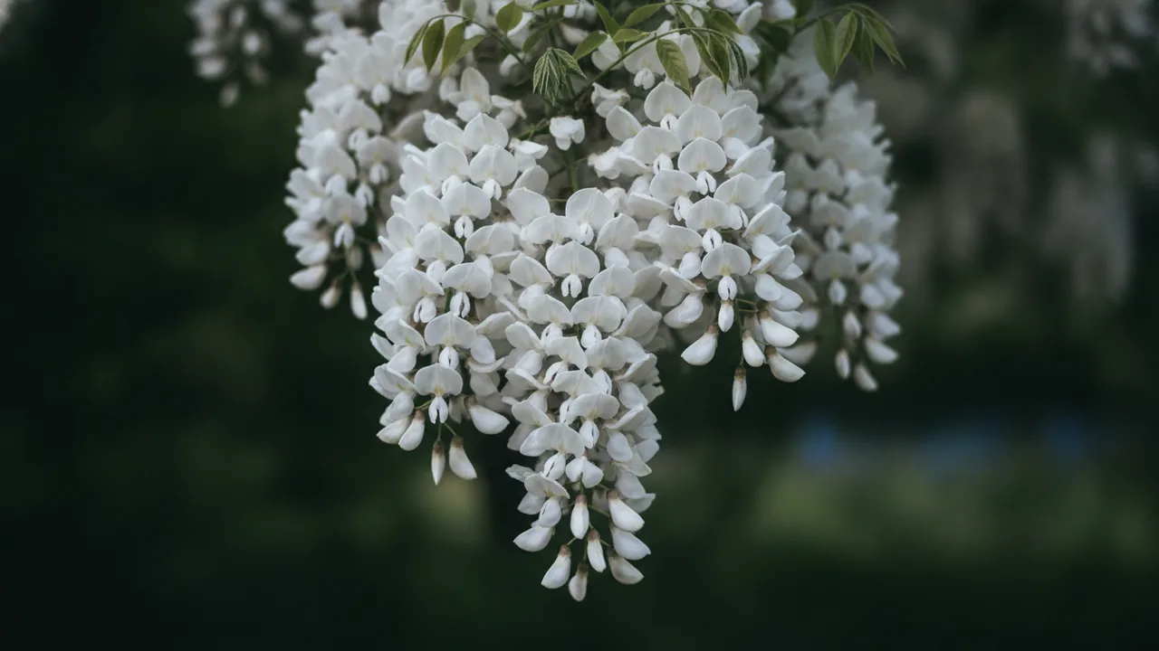 White Wisteria (Alba) (Wisteria floribunda 'Alba') - white flowers, illustrated plant card