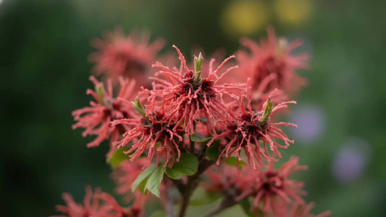 Diane (Hamamelis × intermedia 'Diane') - red flowers, illustrated plant card