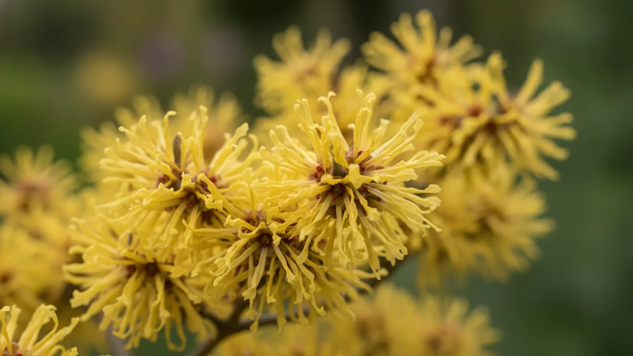 Pallida (Hamamelis × intermedia 'Pallida') - yellow flowers, illustrated plant card