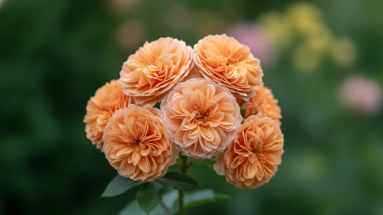 Wollerton Old Hall (Rosa 'Ausblanket') - orange flowers, illustrated plant card