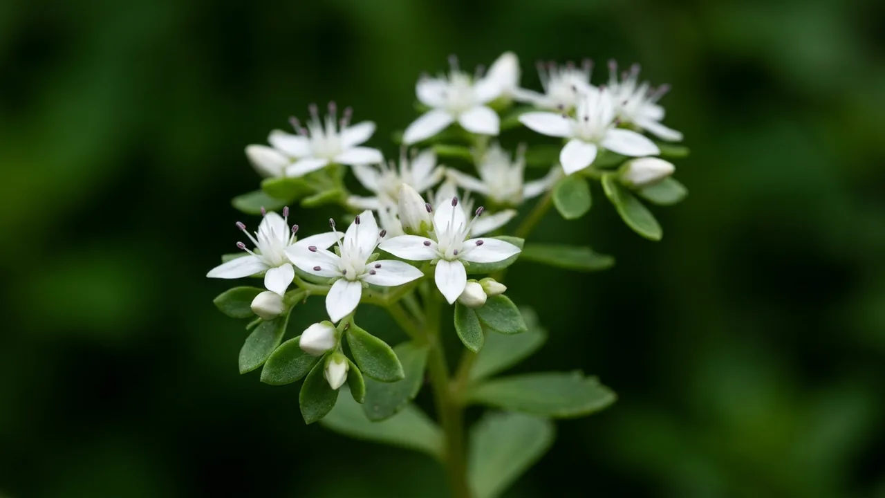 Woodland Stonecrop (Sedum ternatum) - white flowers, illustrated plant card