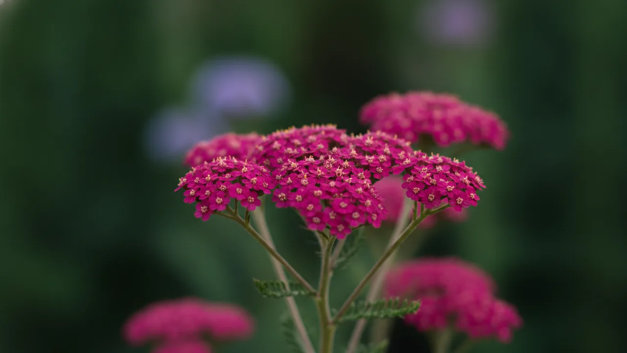 Cerise Queen (Achillea millefolium 'Cerise Queen') - pink flowers, illustrated plant card