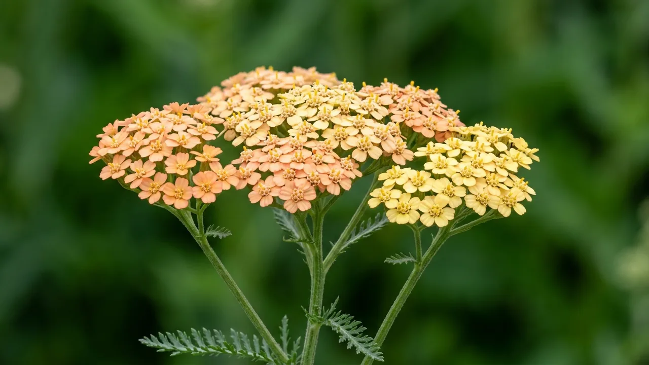 Firefly Peach Sky (Achillea 'Firefly Peach Sky') - orange flowers, illustrated plant card