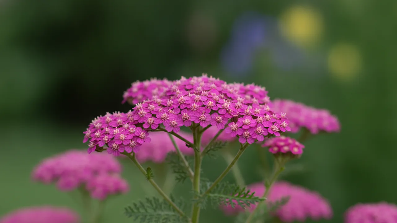 Pomegranate (Achillea millefolium 'Pomegranate') - red flowers, illustrated plant card