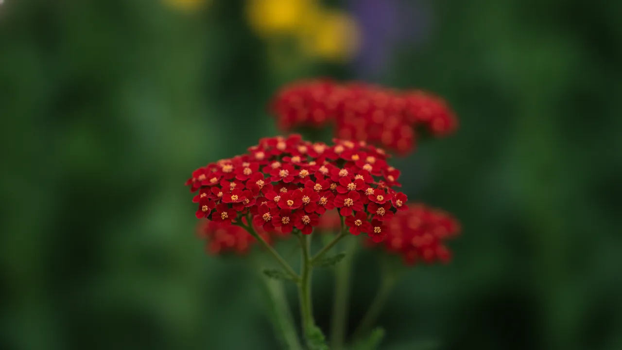 Red Velvet (Achillea millefolium 'Red Velvet') - red flowers, illustrated plant card