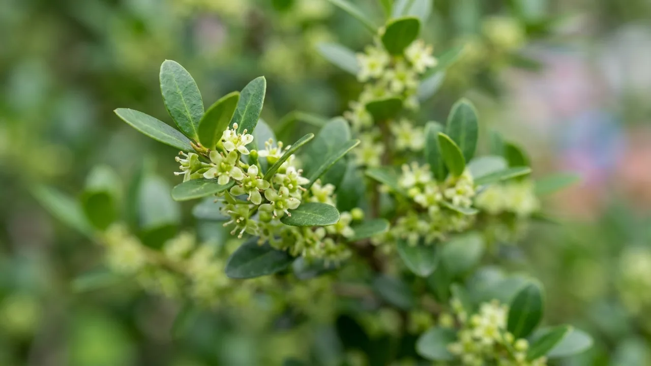 Yaupon Holly (Ilex vomitoria) - white flowers, illustrated plant card