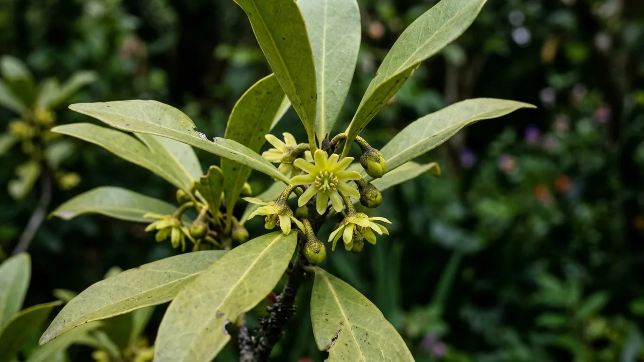 Yellow Anise (Illicium parviflorum) - yellow flowers, illustrated plant card
