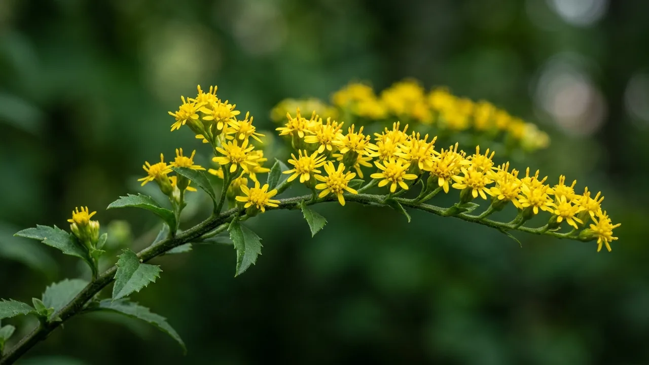 Zigzag Goldenrod (Solidago flexicaulis) - yellow flowers, illustrated plant card