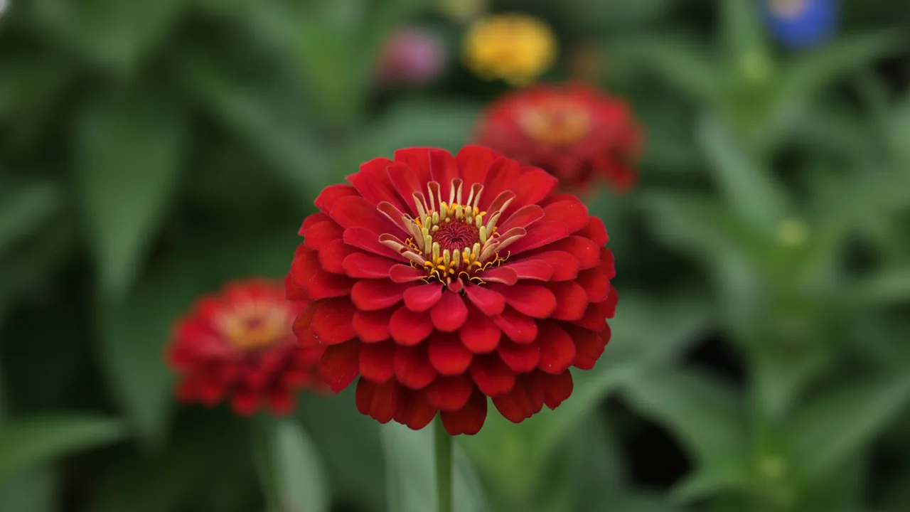 Benary's Giant Wine (Zinnia elegans 'Benary's Giant Wine') - red flowers, illustrated plant card