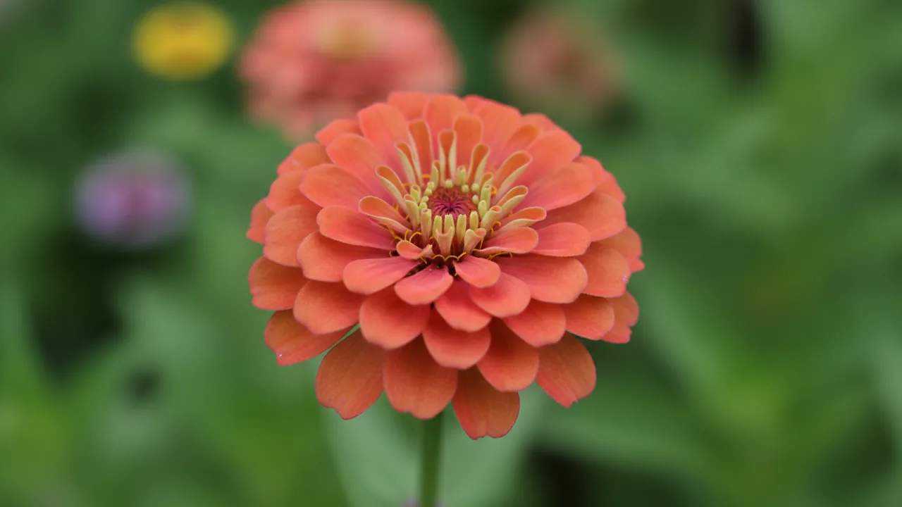 Coral Zinnia (Zinnia elegans 'Coral') - orange flowers, illustrated plant card